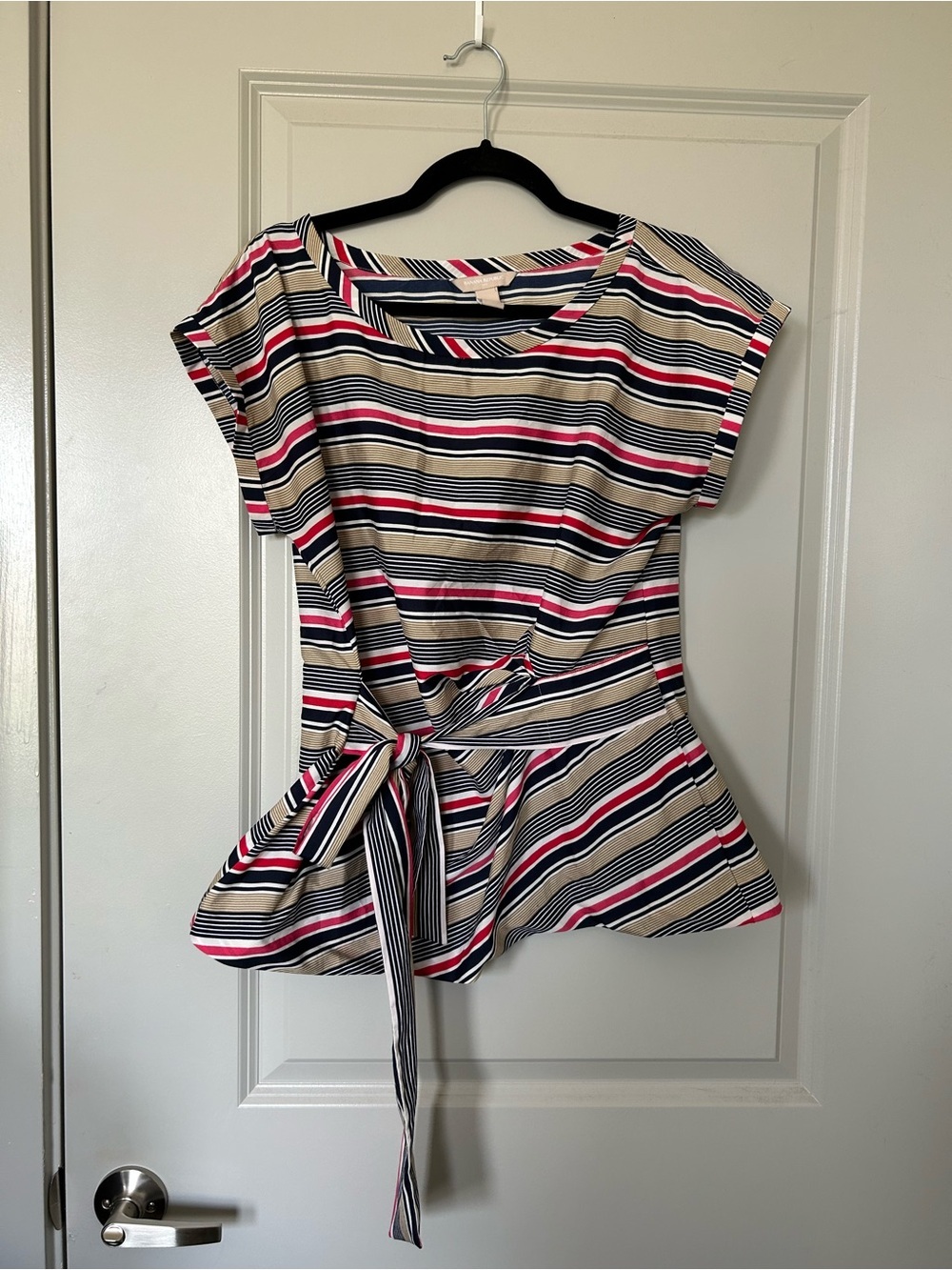Banana Republic Striped Tie-Waist Top - Navy, Pink & Cream
